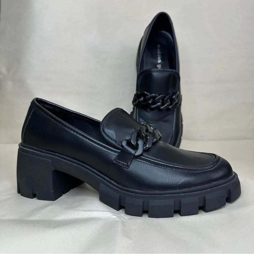 Y2K Chunky Black Platform Loafer NEW Women 9.5 Lug Sole Chain 90s Clueless Prepp